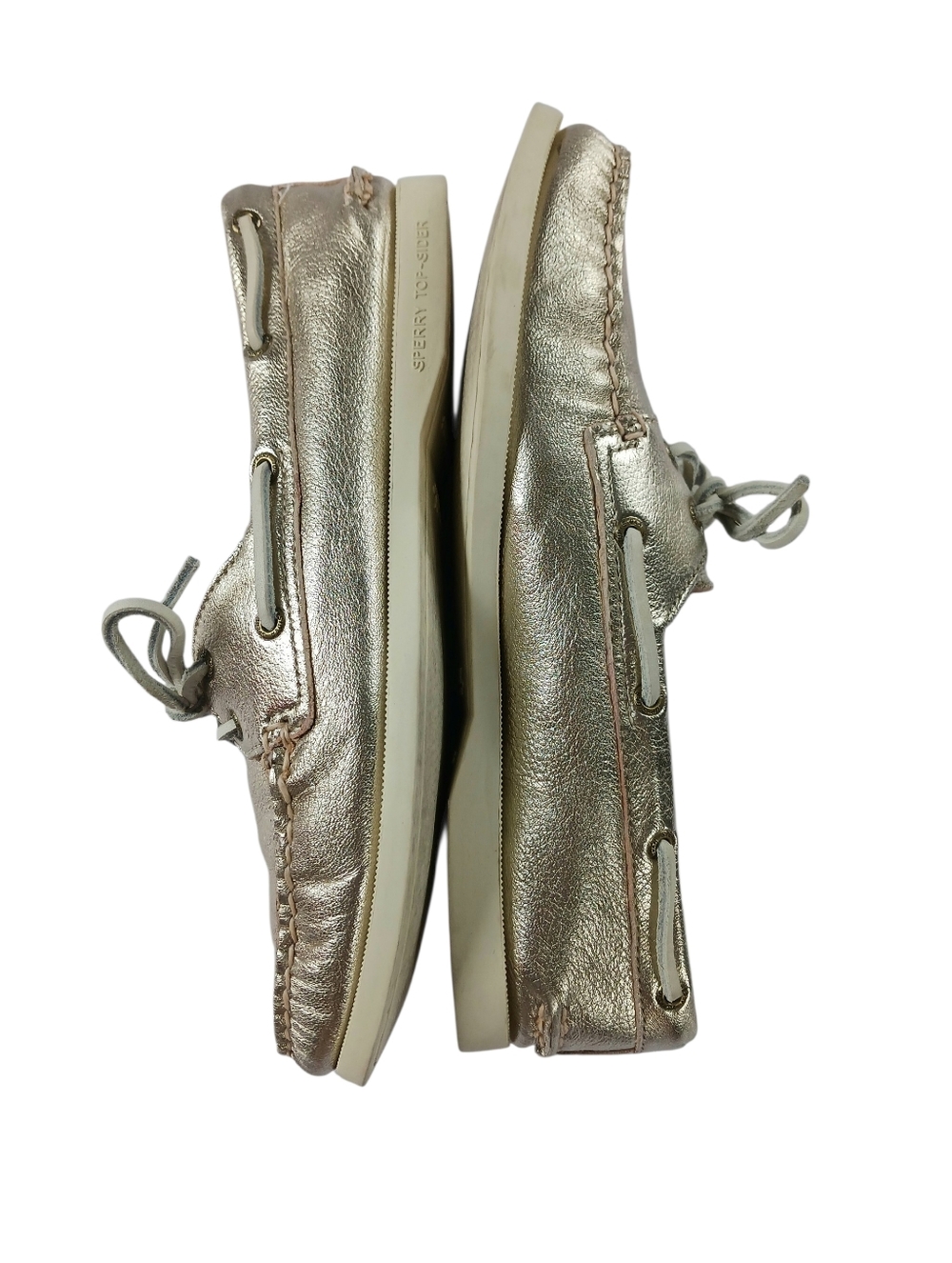 Sperry 2 Eye Boat Shoe Top Sider Metalic Gold Leather Flat Loafer Preppy Size 10 - Picture 5 of 11